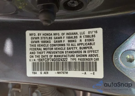 2016 Honda Civic Ex from USA, damaged, VIN 19XFC2F74GE024322